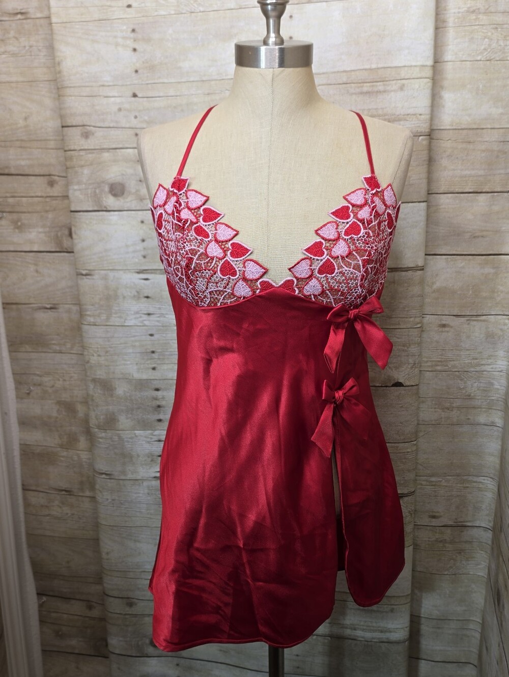 Frederick's of Hollywood Red Satin & Heart Lace Chemise